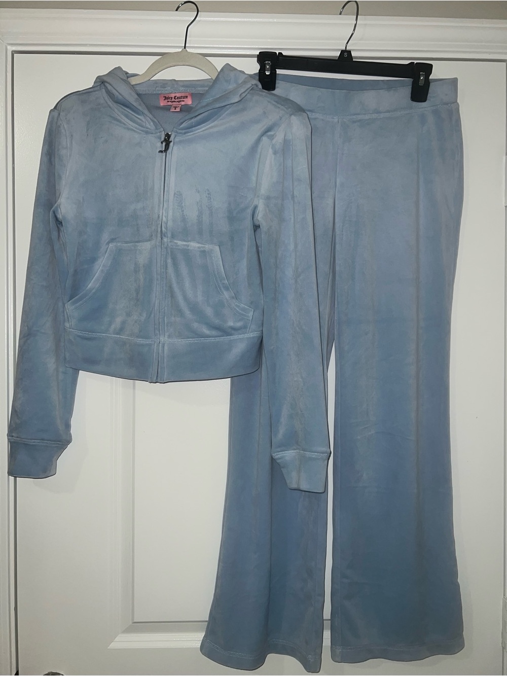Juicy Couture Light Blue Velour Hoodie & Flared Pants Set Y2K bling S
